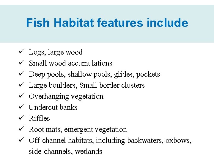 Fish Habitat features include ü ü ü ü ü Logs, large wood Small wood