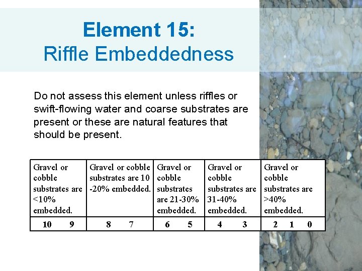 Element 15: Riffle Embeddedness Do not assess this element unless riffles or swift-flowing water