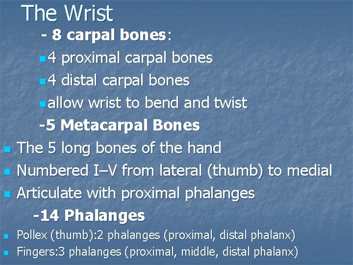 The Wrist n n n - 8 carpal bones: n 4 proximal carpal bones