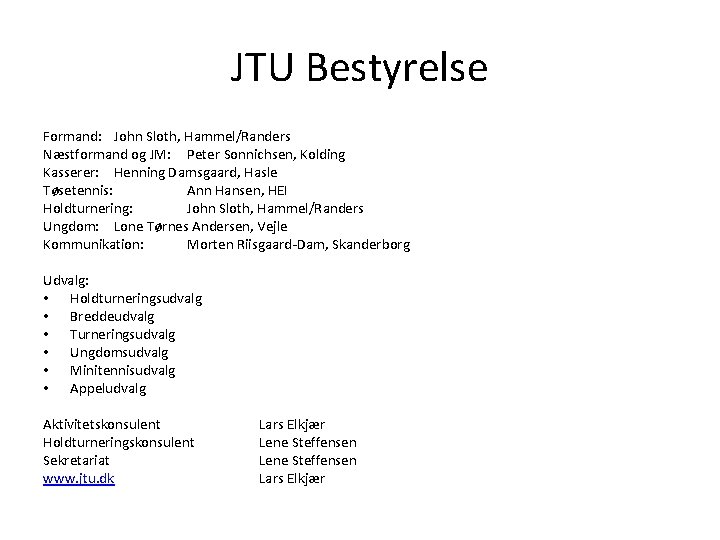 JTU Bestyrelse Formand: John Sloth, Hammel/Randers Næstformand og JM: Peter Sonnichsen, Kolding Kasserer: Henning