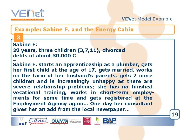VENet Model Example: Sabine F. and the Energy Cabin 3 Sabine F: 28 years,