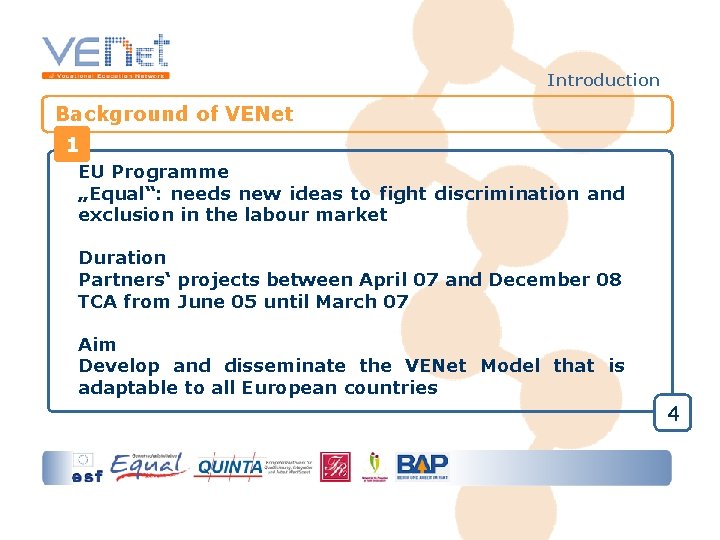 Introduction Background of VENet 1 EU Programme „Equal“: needs new ideas to fight discrimination