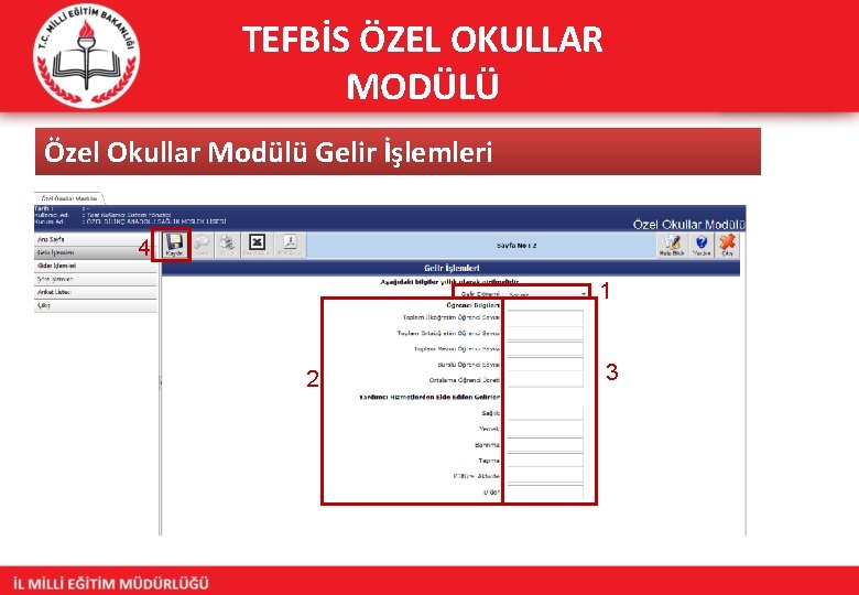 TEFBİS ÖZEL OKULLAR MODÜLÜ Özel Okullar Modülü Gelir İşlemleri 4 1 2 3 