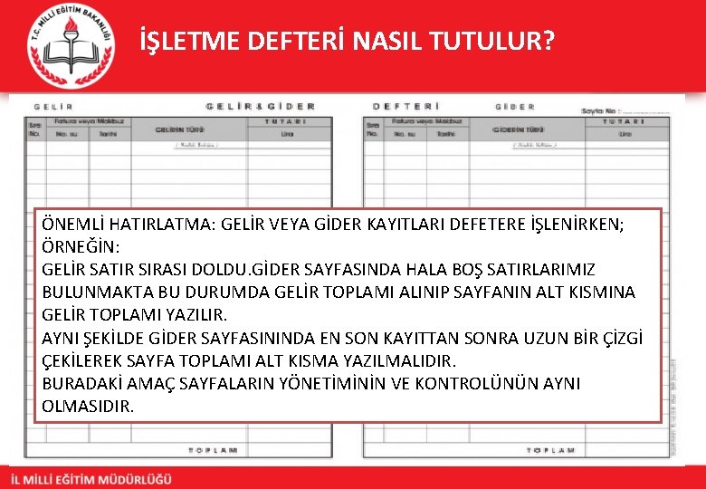 İŞLETME DEFTERİ NASIL TUTULUR? ÖNEMLİ HATIRLATMA: GELİR VEYA GİDER KAYITLARI DEFETERE İŞLENİRKEN; ÖRNEĞİN: GELİR