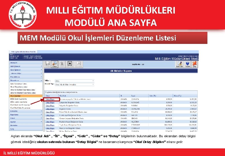 MILLI EĞITIM MÜDÜRLÜKLERI MODÜLÜ ANA SAYFA MEM Modülü Okul İşlemleri Düzenleme Listesi Açılan ekranda