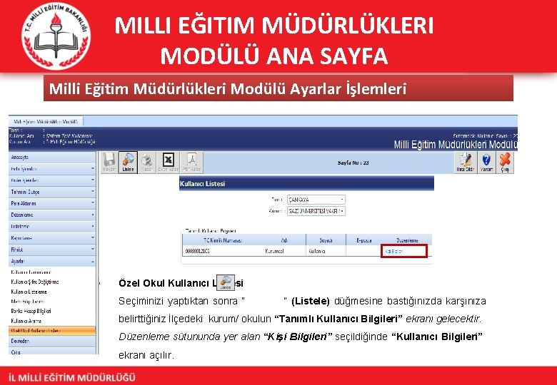 MILLI EĞITIM MÜDÜRLÜKLERI MODÜLÜ ANA SAYFA Milli Eğitim Müdürlükleri Modülü Ayarlar İşlemleri Özel Okul