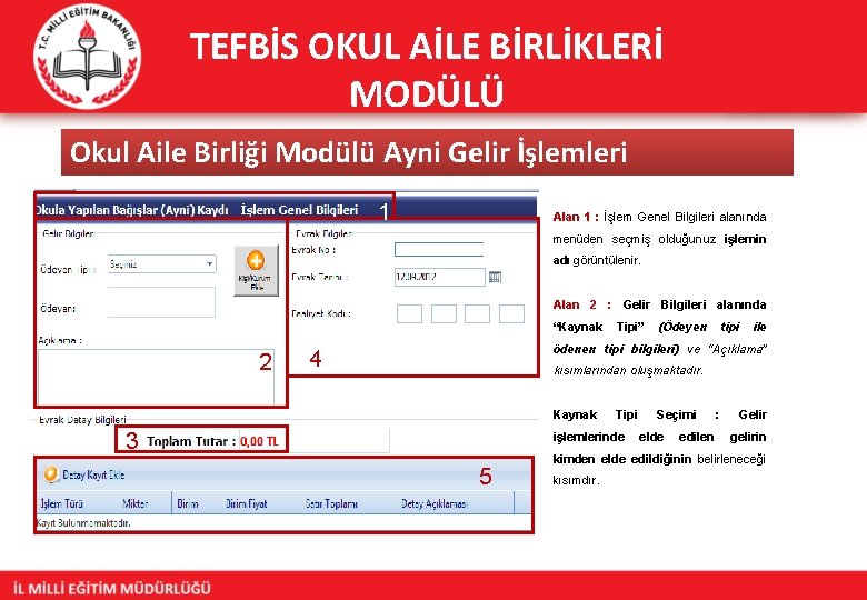 TEFBİS OKUL AİLE BİRLİKLERİ MODÜLÜ Okul Aile Birliği Modülü Ayni Gelir İşlemleri 1 Alan