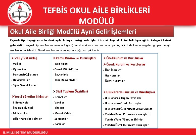 TEFBİS OKUL AİLE BİRLİKLERİ MODÜLÜ Okul Aile Birliği Modülü Ayni Gelir İşlemleri Kaynak tipi