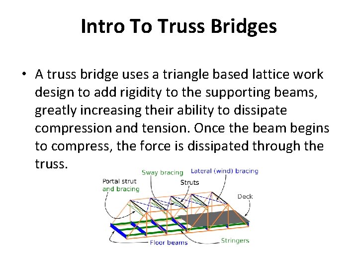 Intro To Truss Bridges • A truss bridge uses a triangle based lattice work