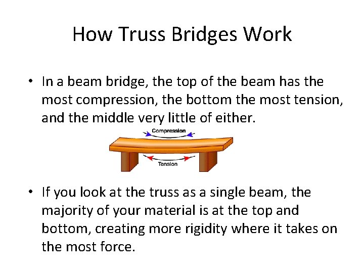 How Truss Bridges Work • In a beam bridge, the top of the beam