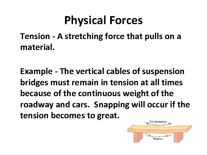 Physical Forces Tension - A stretching force that pulls on a material. Example -