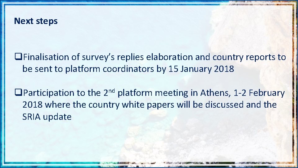 Next steps q. Finalisation of survey’s replies elaboration and country reports to be sent