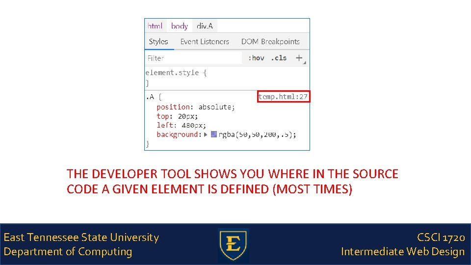THE DEVELOPER TOOL SHOWS YOU WHERE IN THE SOURCE CODE A GIVEN ELEMENT IS