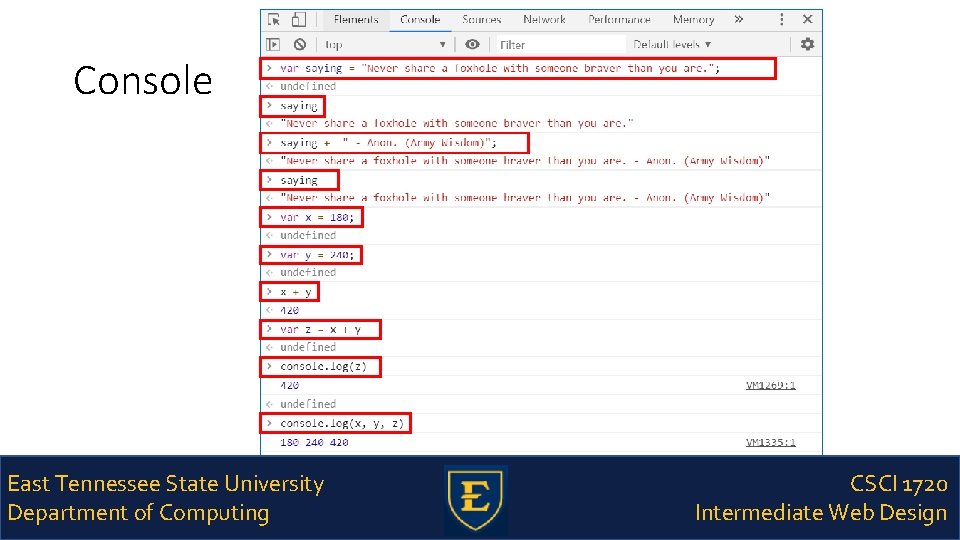 Console East Tennessee State University Department of Computing CSCI 1720 Intermediate Web Design 