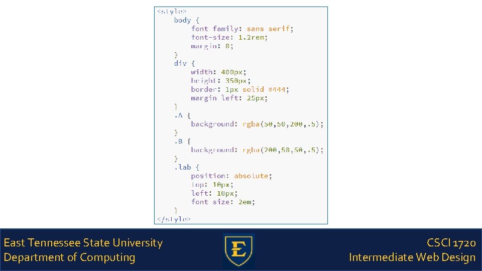 East Tennessee State University Department of Computing CSCI 1720 Intermediate Web Design 
