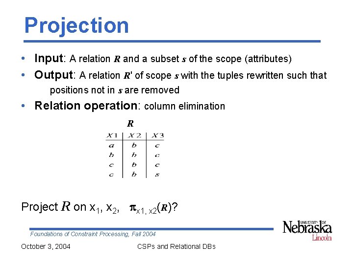 Projection • Input: A relation R and a subset s of the scope (attributes) Projection • Input: A relation R and a subset s of the scope (attributes)