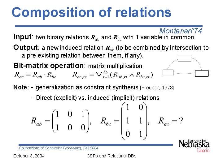 Composition of relations Montanari'74 Input: two binary relations Rab and Rbc with 1 variable Composition of relations Montanari'74 Input: two binary relations Rab and Rbc with 1 variable