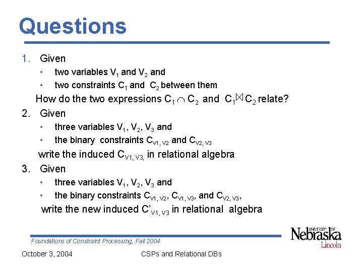 Questions 1. Given • • two variables V 1 and V 2 and two Questions 1. Given • • two variables V 1 and V 2 and two