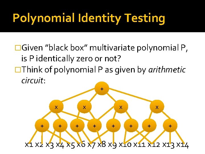 Polynomial Identity Testing �Given ”black box” multivariate polynomial P, is P identically zero or