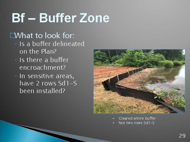 Bf – Buffer Zone �What to look for: ◦ Is a buffer delineated on