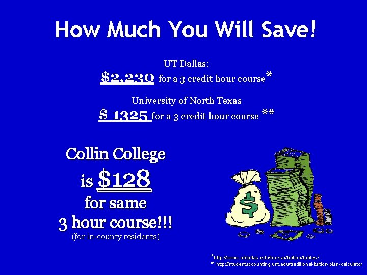 How Much You Will Save! UT Dallas: $2, 230 for a 3 credit hour