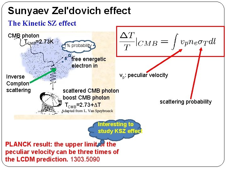 Sunyaev Zel'dovich effect The Kinetic SZ effect CMB photon TCMB=2. 73 K 1% probability