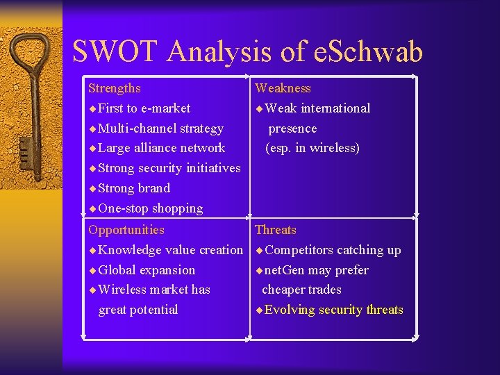SWOT Analysis of e. Schwab Strengths ¨First to e-market ¨Multi-channel strategy ¨Large alliance network