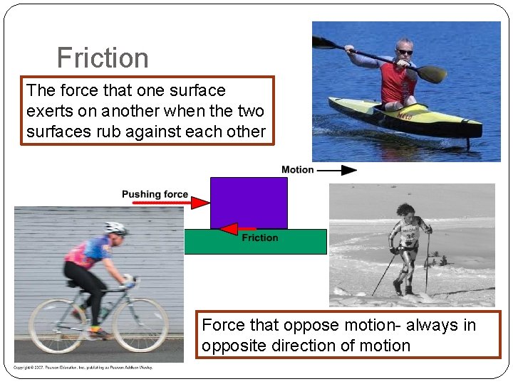 Friction The force that one surface exerts on another when the two surfaces rub