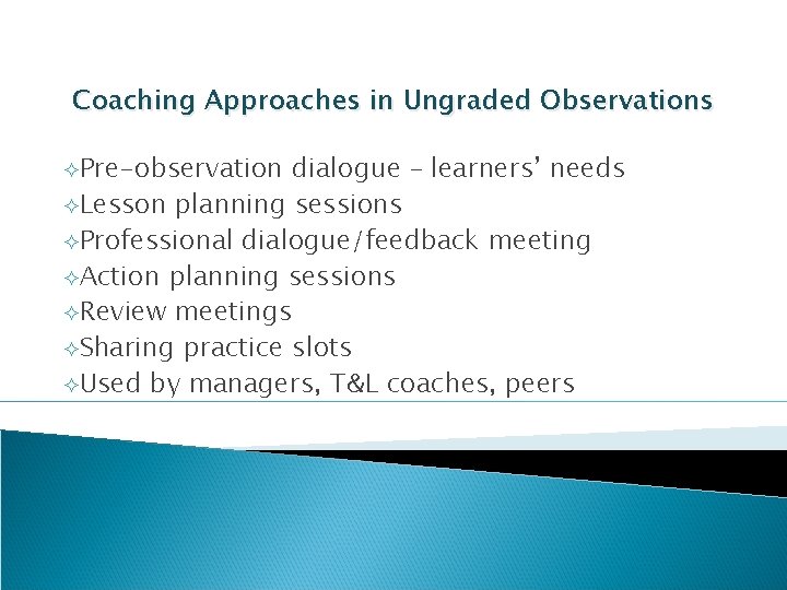 Coaching Approaches in Ungraded Observations ²Pre-observation dialogue – learners’ needs ²Lesson planning sessions ²Professional