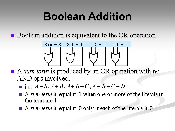 Boolean Addition n Boolean addition is equivalent to the OR operation 0+0 = 0 Boolean Addition n Boolean addition is equivalent to the OR operation 0+0 = 0