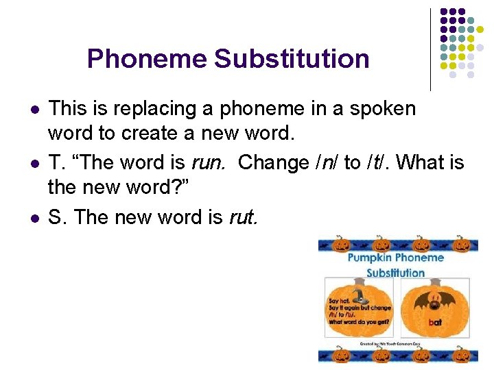 Phoneme Substitution l l l This is replacing a phoneme in a spoken word
