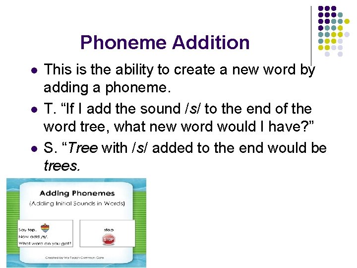 Phoneme Addition l l l This is the ability to create a new word