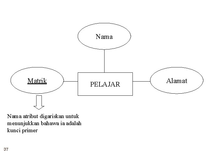 Nama Matrik Nama atribut digariskan untuk menunjukkan bahawa ia adalah kunci primer 37 PELAJAR