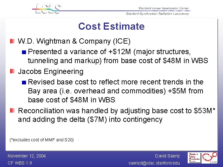 Cost Estimate W. D. Wightman & Company (ICE) Presented a variance of +$12 M