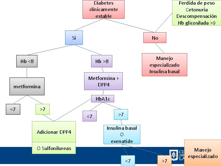 Diabetes clínicamente estable Perdida de peso Cetonuria Descompensación Hb glicosilada >9 Si No Hb