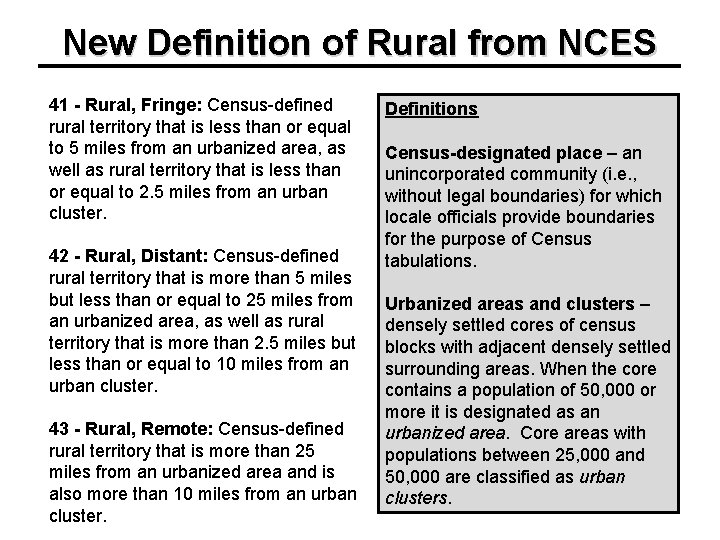 New Definition of Rural from NCES 41 - Rural, Fringe: Census-defined rural territory that