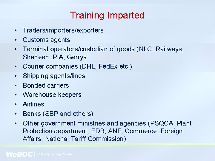 Training Imparted • Traders/importers/exporters • Customs agents • Terminal operators/custodian of goods (NLC, Railways,
