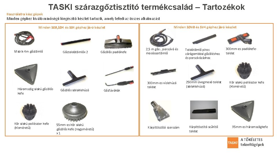 TASKI szárazgőztisztító termékcsalád – Tartozékok Használatra kész gépek Minden géphez kiváló minőségű kiegészítő készlet