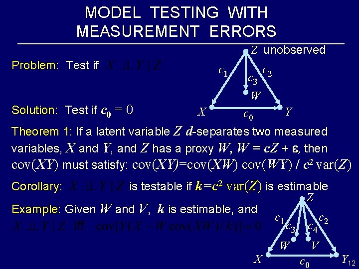 MODEL TESTING WITH MEASUREMENT ERRORS Z unobserved Problem: Test if Solution: Test if c
