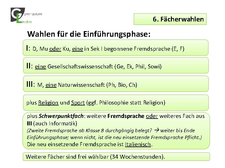 6. Fächerwahlen Wahlen für die Einführungsphase: I: D, Mu oder Ku, eine in Sek