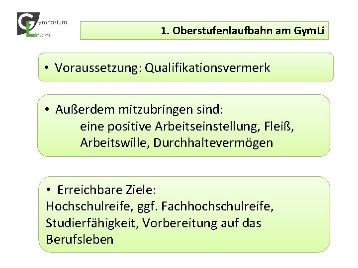 1. Oberstufenlaufbahn am Gym. Li • Voraussetzung: Qualifikationsvermerk • Außerdem mitzubringen sind: eine positive