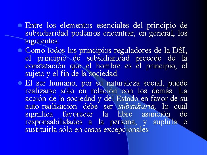 Entre los elementos esenciales del principio de subsidiaridad podemos encontrar, en general, los siguientes: