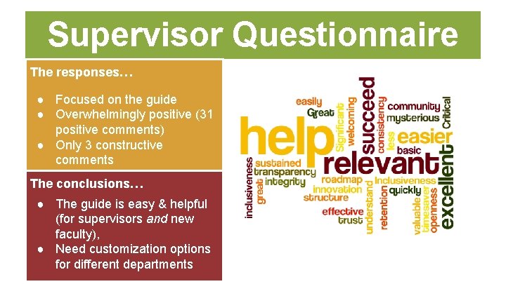 Supervisor Questionnaire The responses… ● Focused on the guide ● Overwhelmingly positive (31 positive