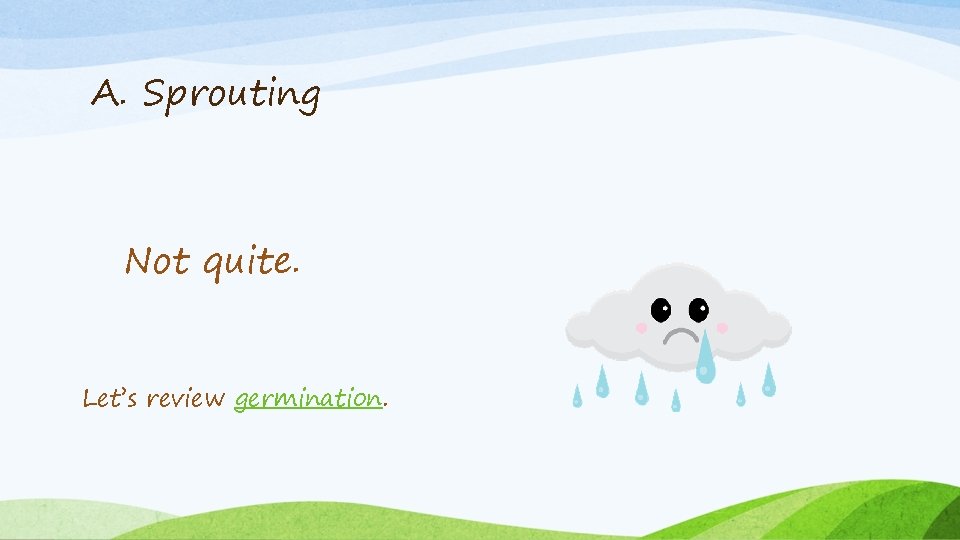 A. Sprouting Not quite. Let’s review germination. 