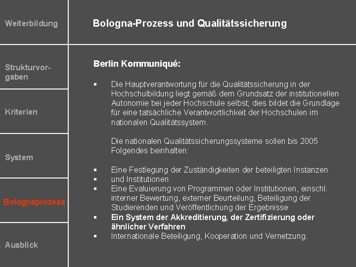 Weiterbildung Strukturvorgaben Bologna-Prozess und Qualitätssicherung Berlin Kommuniqué: § Kriterien Die nationalen Qualitätssicherungssysteme sollen bis