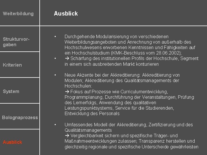 Weiterbildung Strukturvorgaben Ausblick • • Kriterien • Neue Akzente bei der Akkreditierung: Akkreditierung von