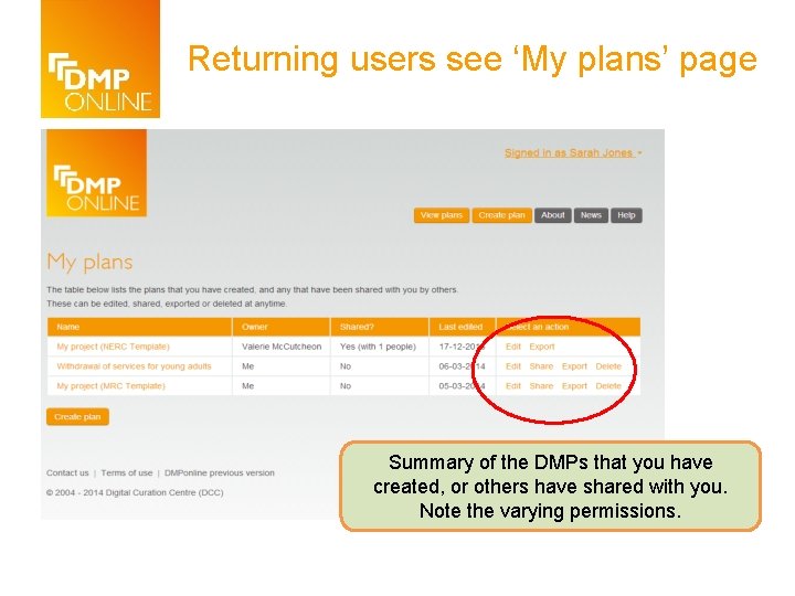 Returning users see ‘My plans’ page Summary of the DMPs that you have created,