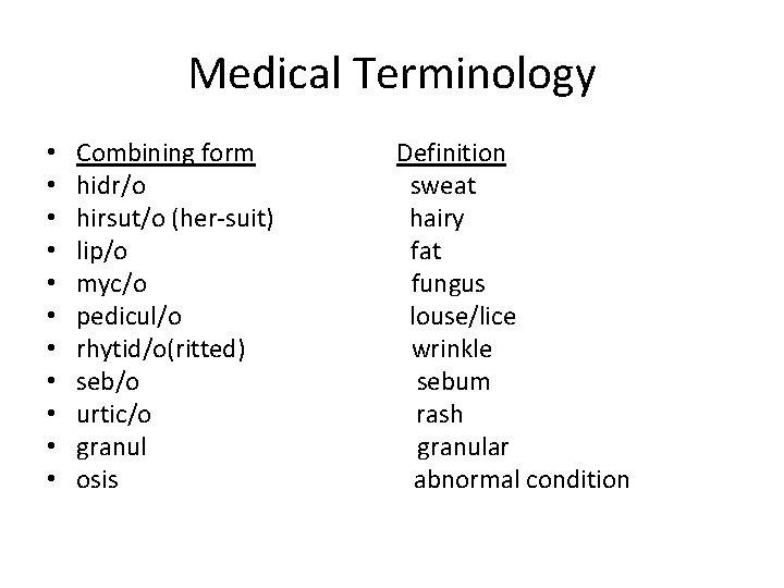 Medical Terminology • • • Combining form hidr/o hirsut/o (her-suit) lip/o myc/o pedicul/o rhytid/o(ritted)