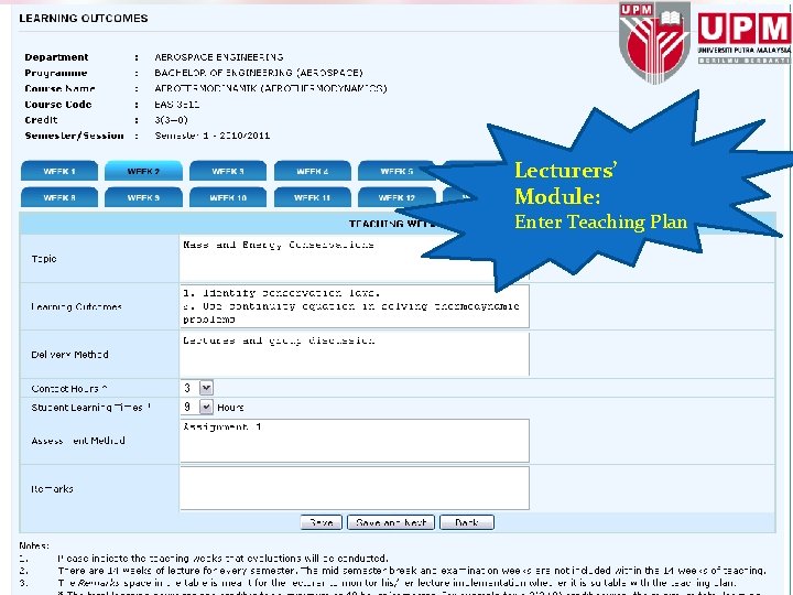 Lecturers’ Module: Enter Teaching Plan 