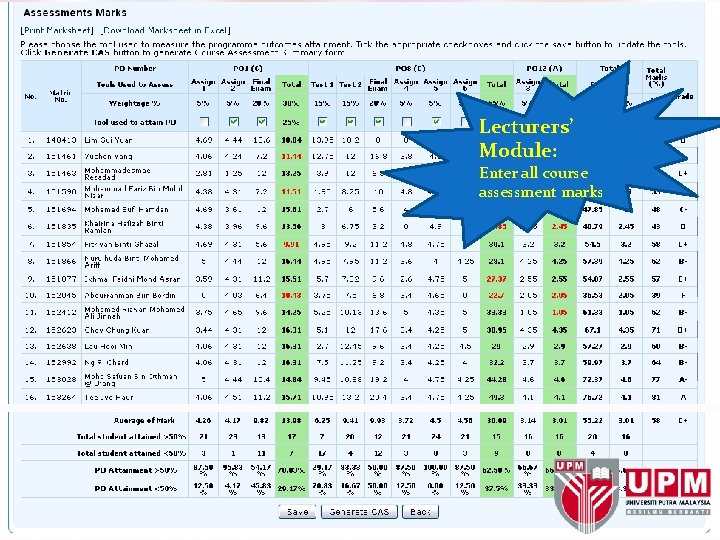 Lecturers’ Module: Enter all course assessment marks 